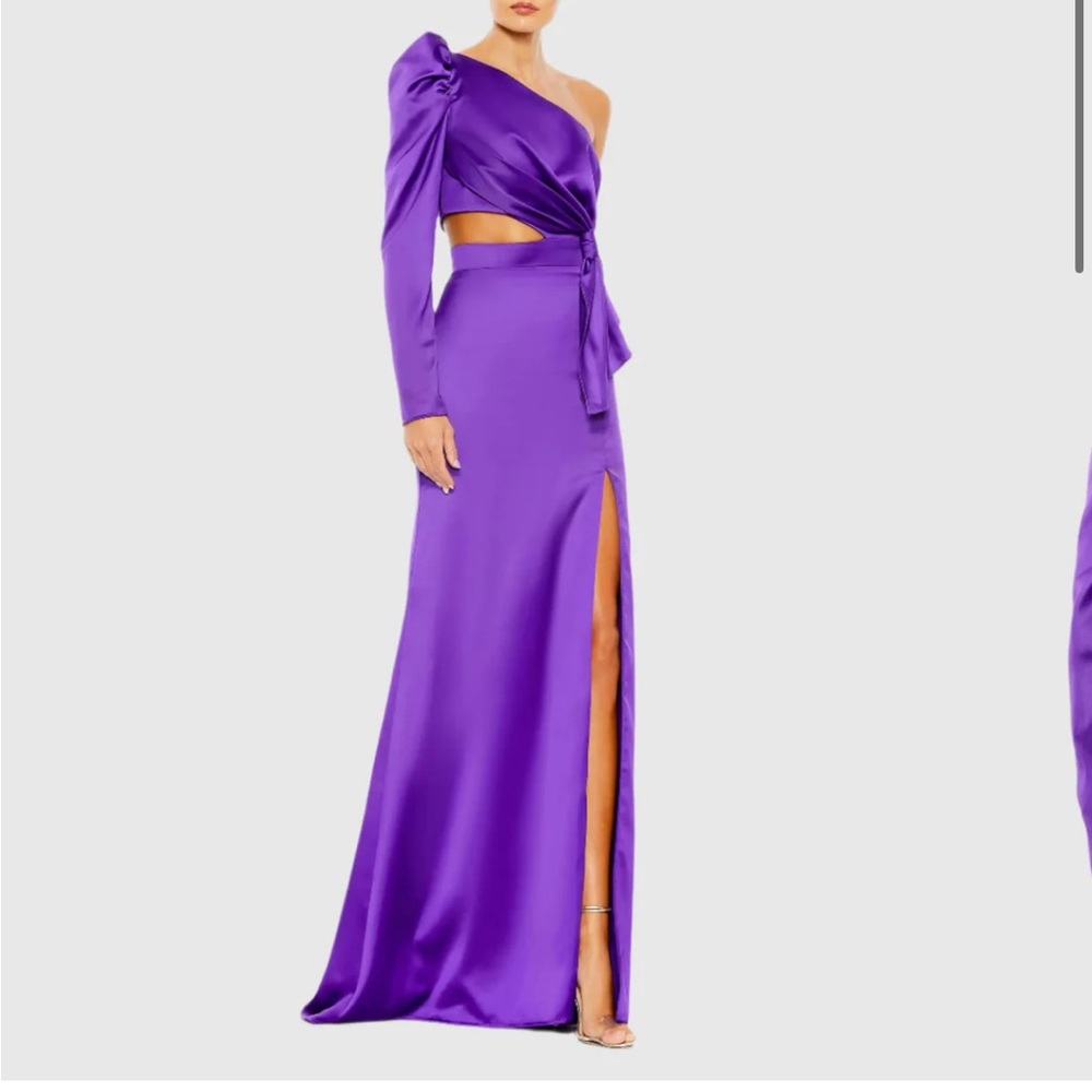Mac Duggal Purple Puff One Sleeve Cut Out Side Knot Gown